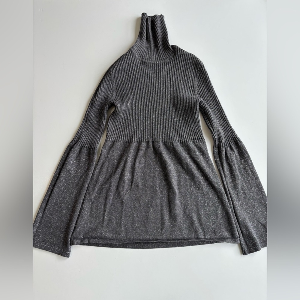 BN13 Willi Smith Glittery Charcoal Turtleneck Babydoll Blouse Bell Sleeve Small
